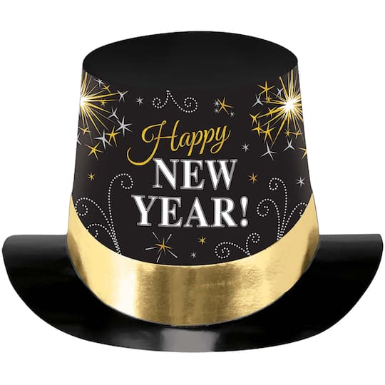 6&#x22; New Year&#x27;s Black, Silver &#x26; Gold Printed Paper Top Hat